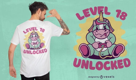 Diseño de camiseta de unicornio jugando videojuegos.
