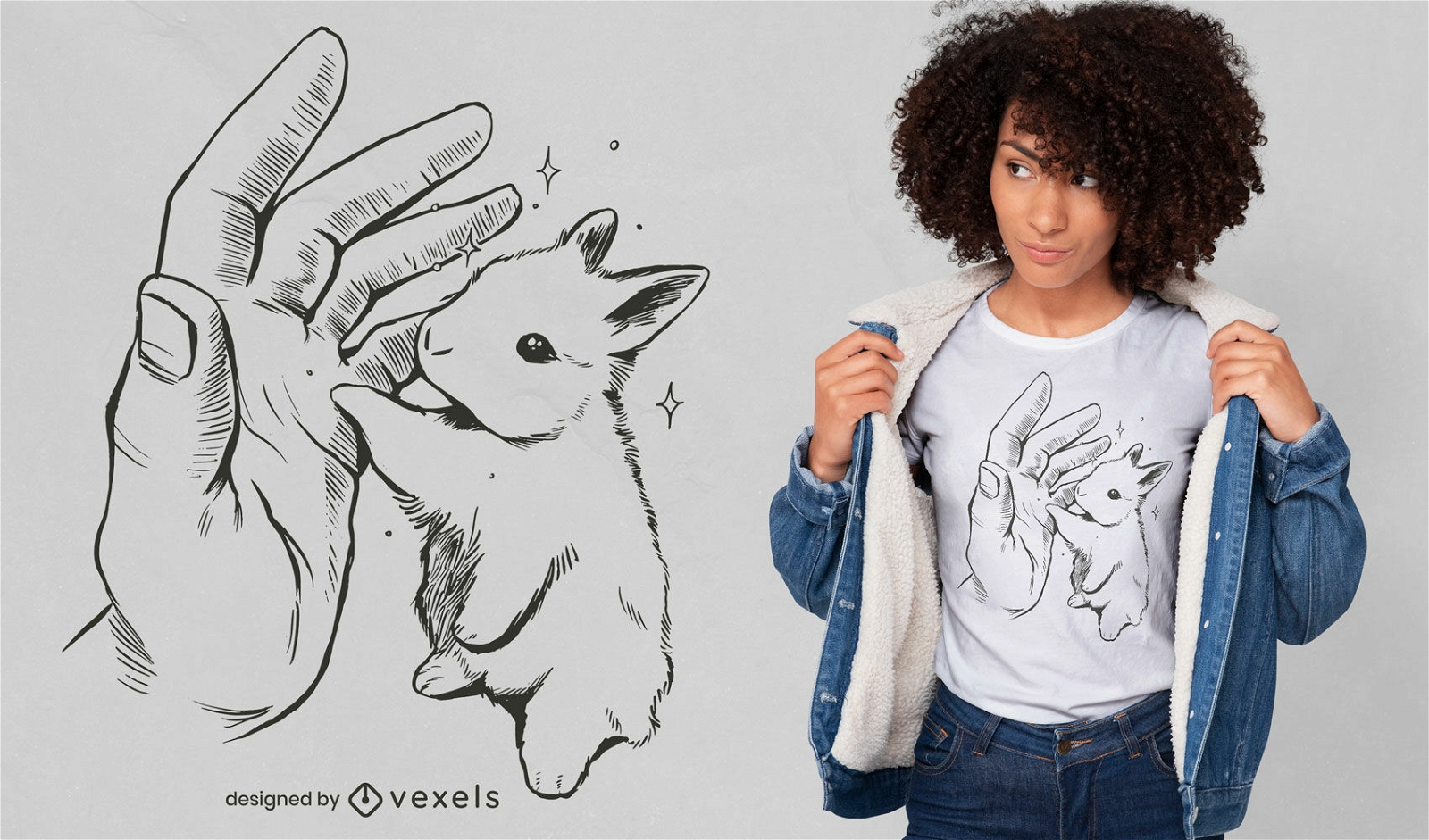 Diseño de camiseta de conejo choca los cinco con la mano humana.