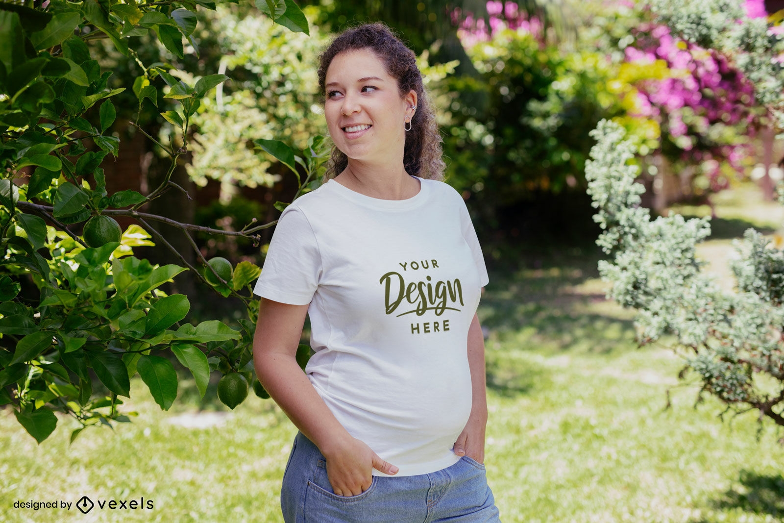 Pregnant model in garden t-shirt mockup