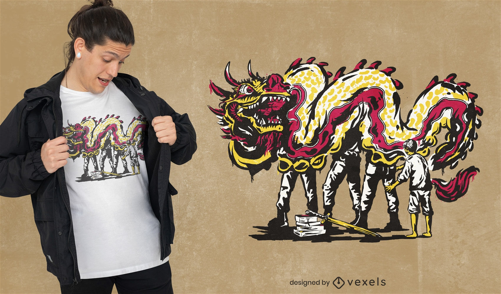Desenho de t-shirt com fantasia de criança e dragão