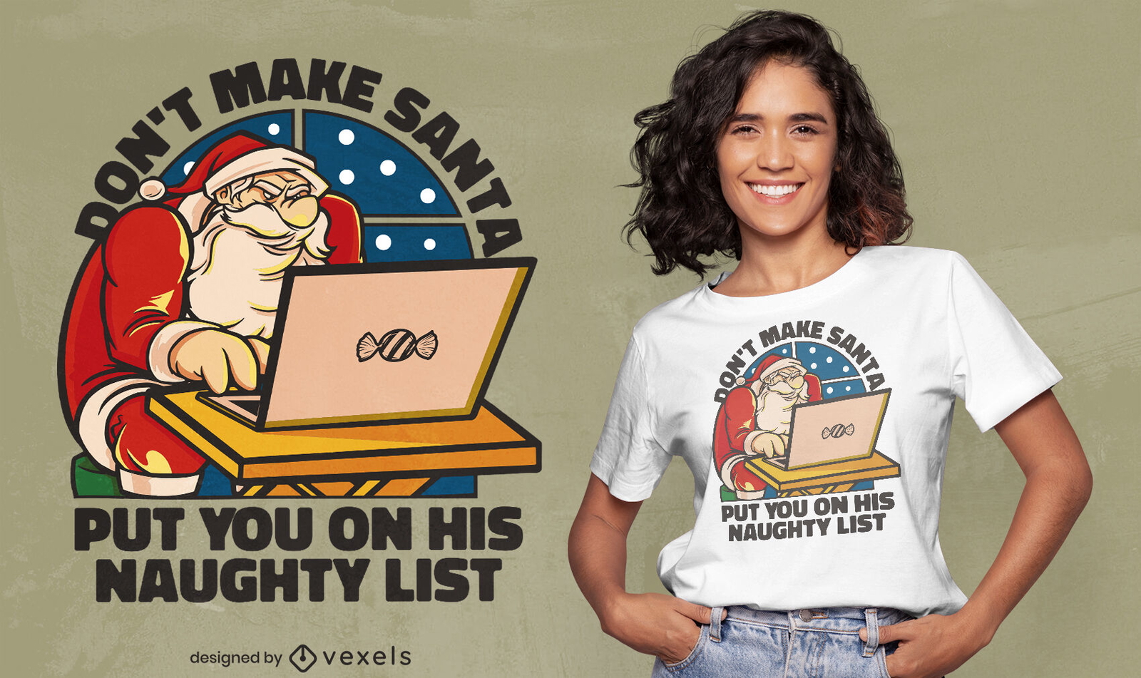 Papá noel trabajando en el diseño de la camiseta de la computadora portátil