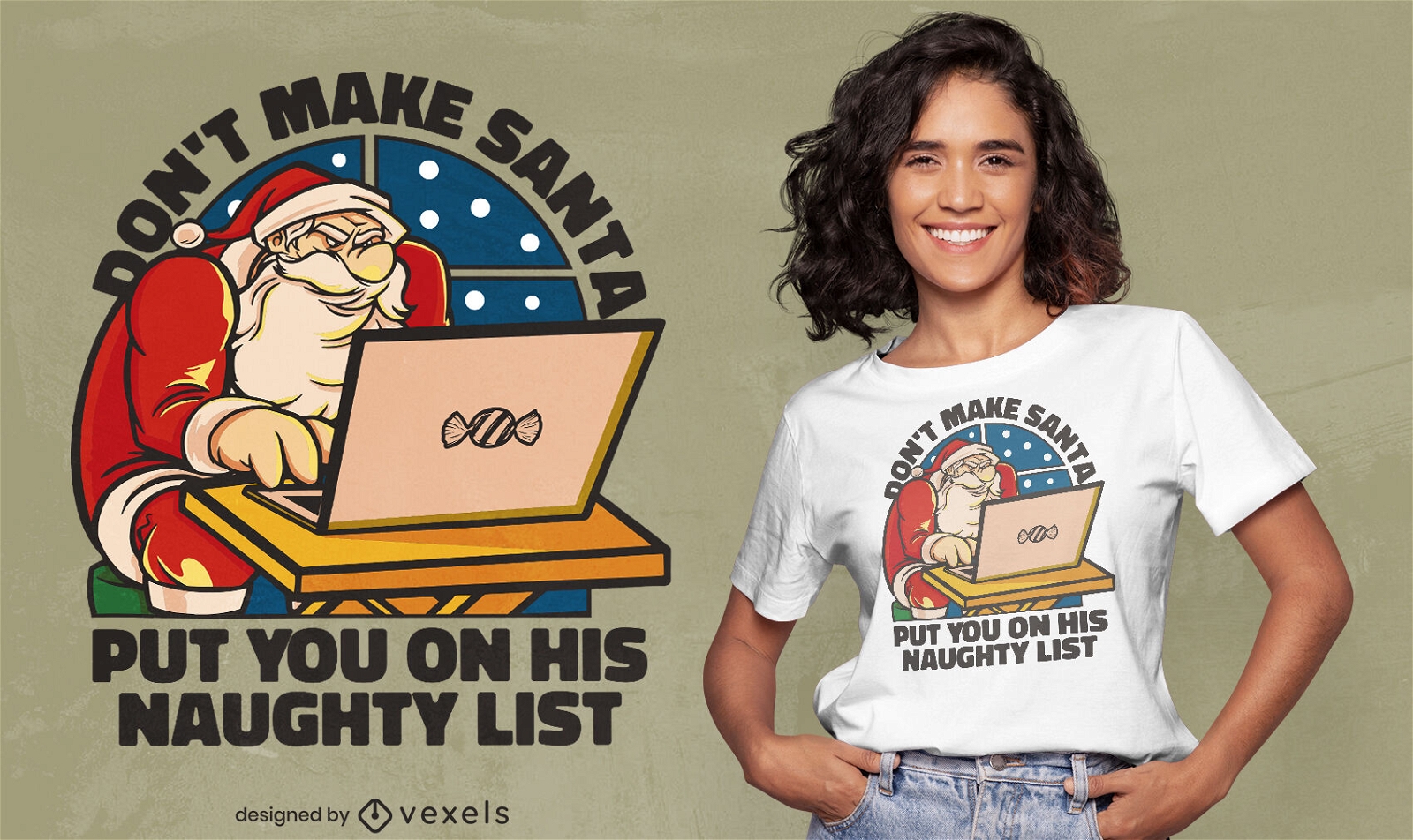 Papai Noel trabalhando no design de uma camiseta para laptop