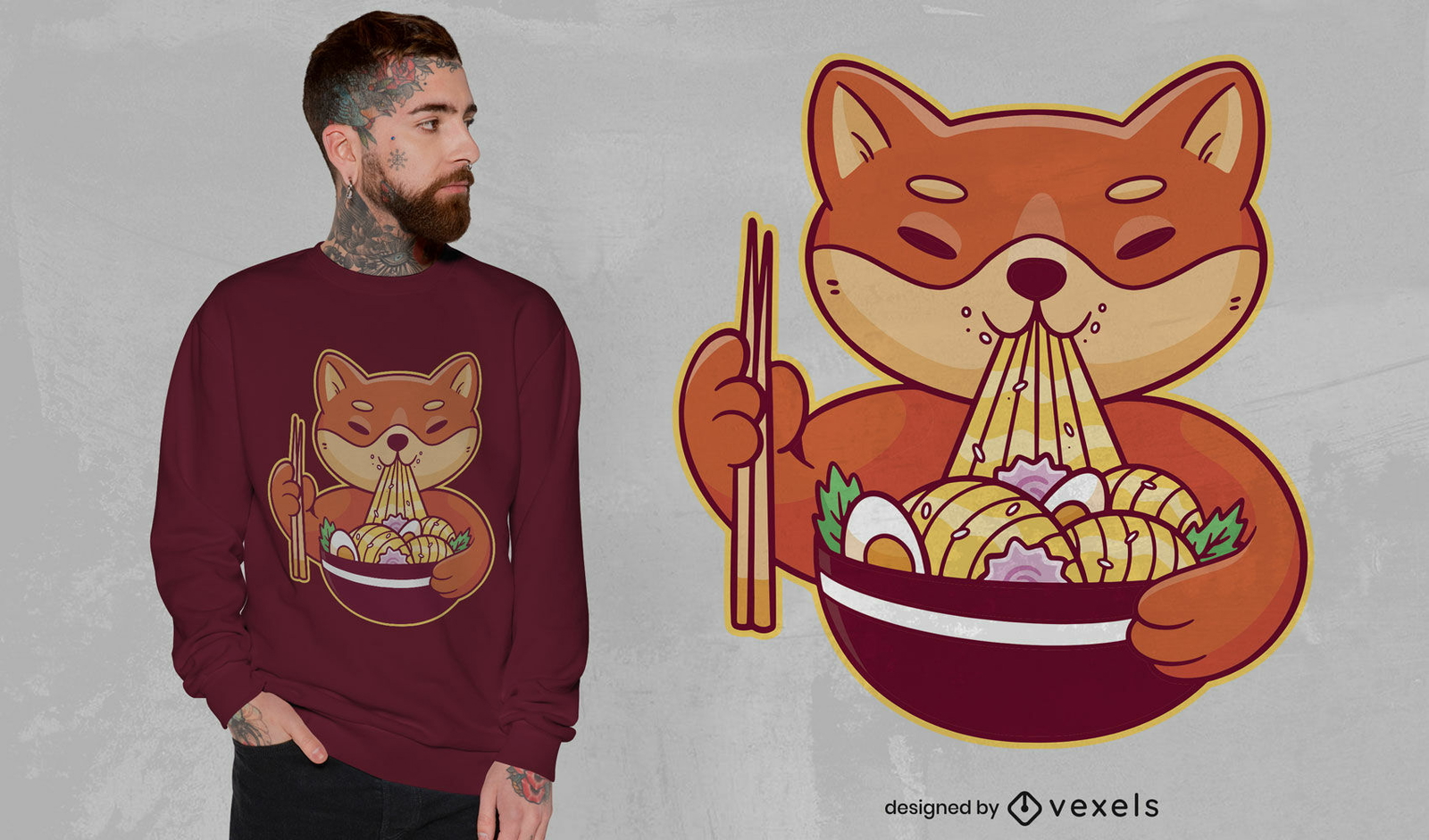 Diseño de camiseta de perro shiba inu comiendo ramen