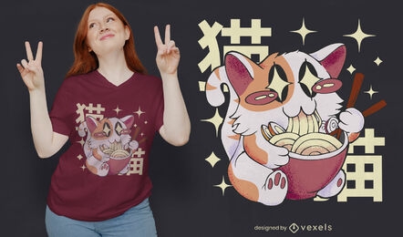Gato comiendo diseño de camiseta de comida ramen