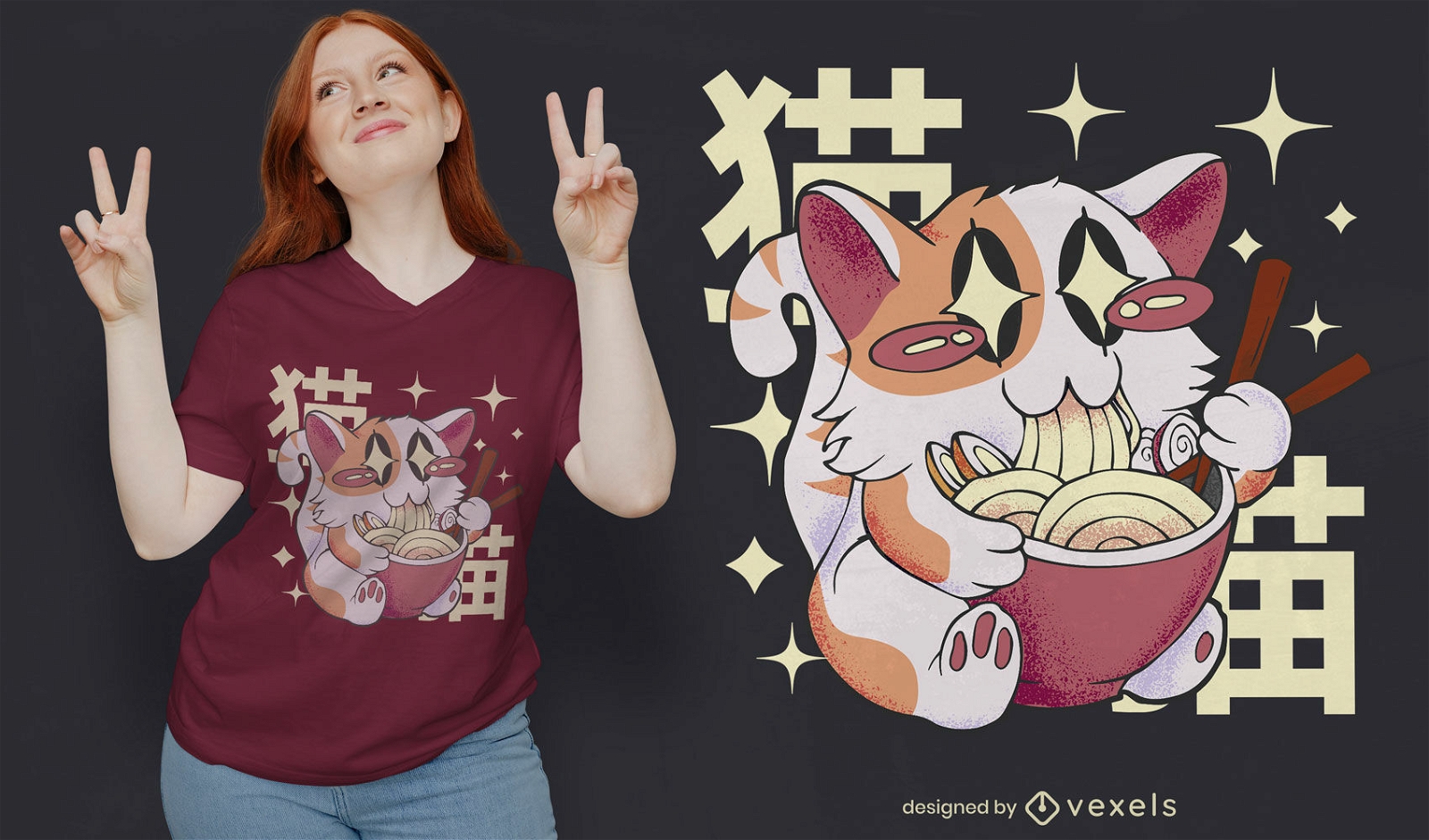 Gato comendo ramen com design de camiseta