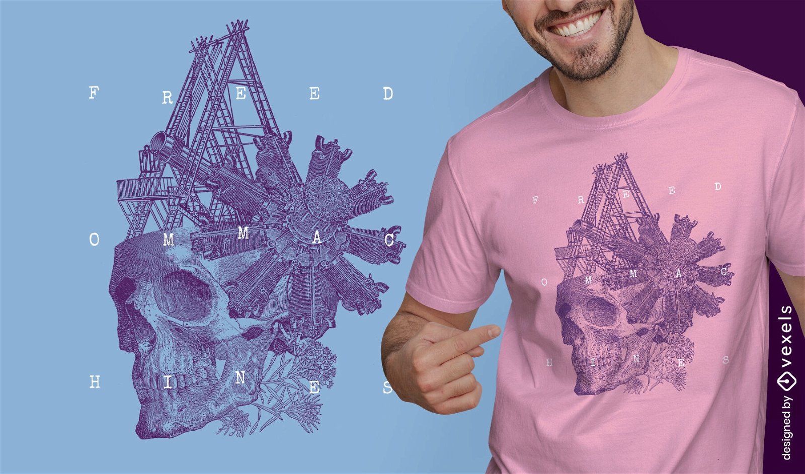 Camiseta de la naturaleza dibujada a mano de la máquina del cráneo psd