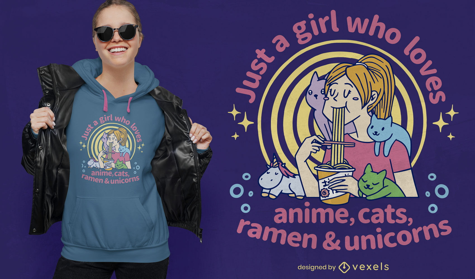 Chica comiendo ramen con diseño de camiseta de gatos.