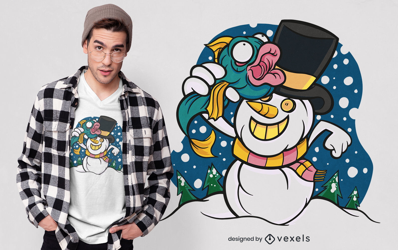 Snowman with fish cartoon t-shirt design
