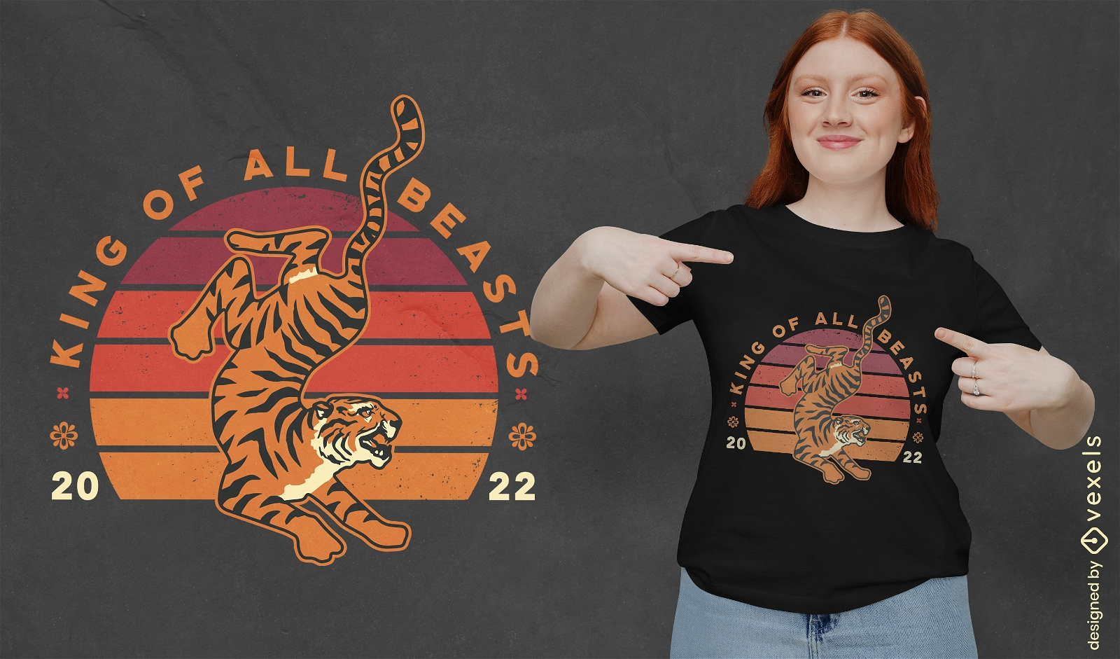 Tigre de año nuevo chino en diseño de camiseta retro puesta de sol