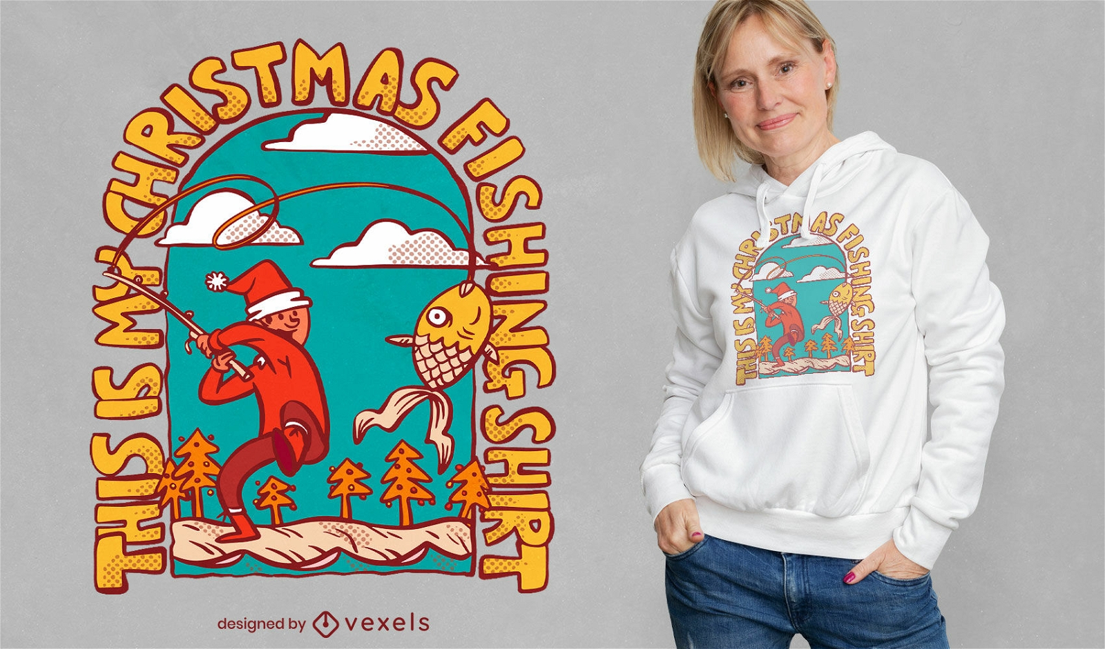 Diseño de camiseta de pesca de hombre navideño.
