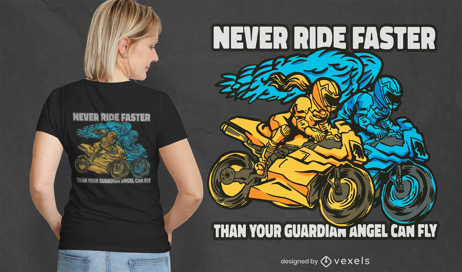 Woman and angel riding motorbike t-shirt design