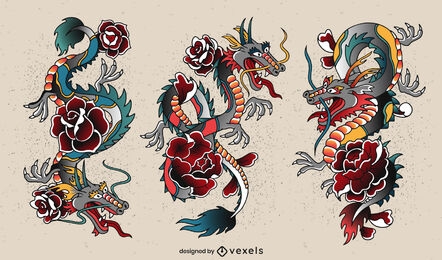 Conjunto de caracteres de tatuaje de dragón