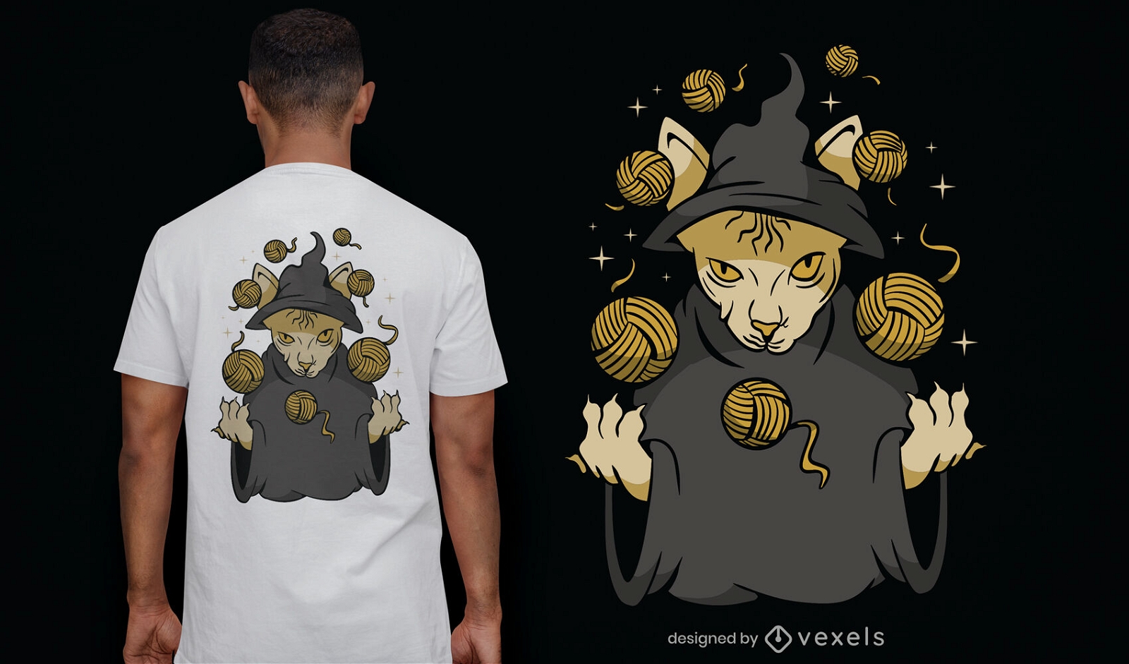 Design de t-shirt de bolas de fios de gato feiticeiro