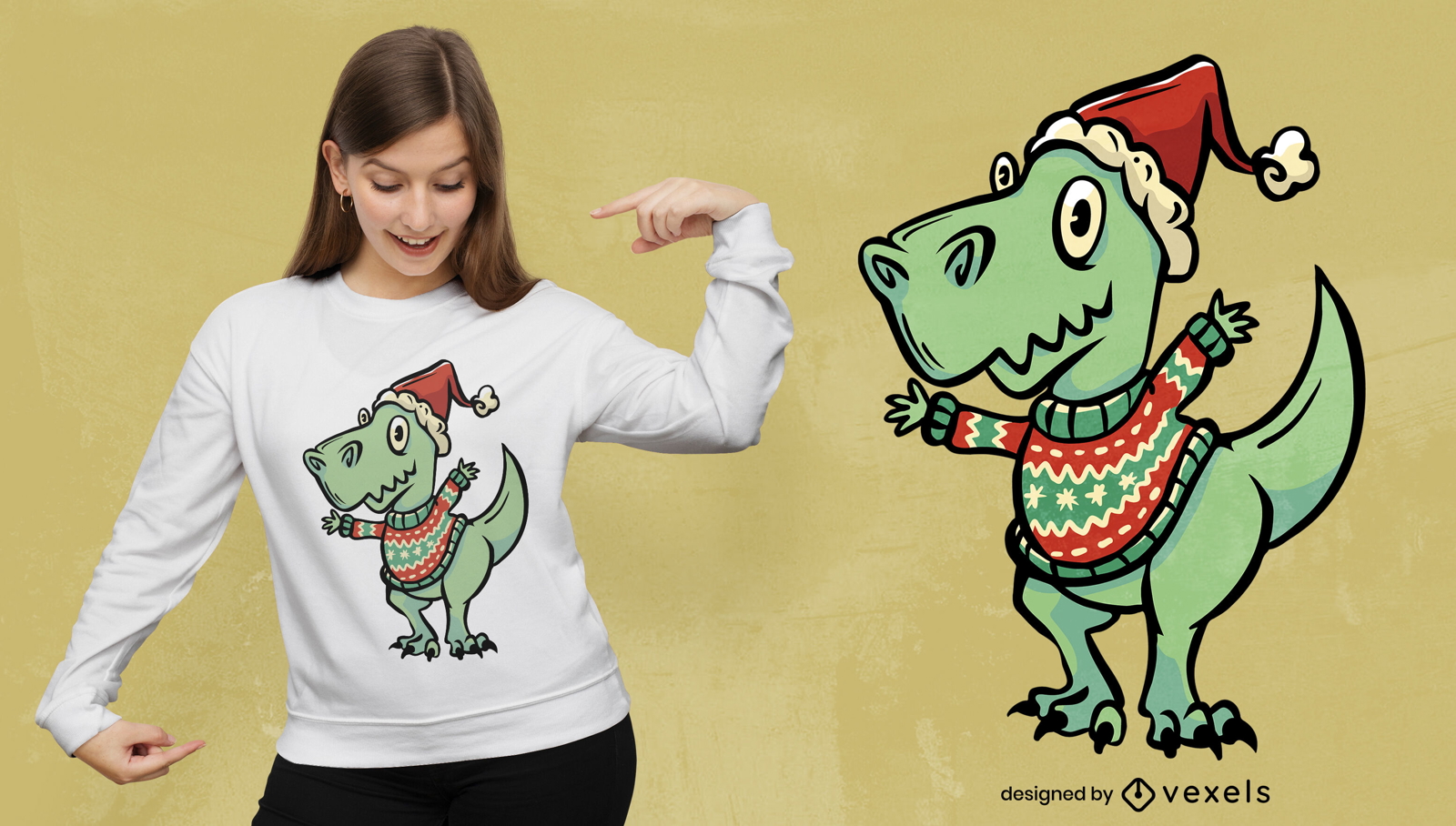 Diseño de camiseta de suéter t-rex navideño.