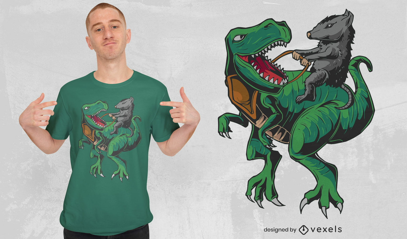 Design de camiseta T-rex e gambá