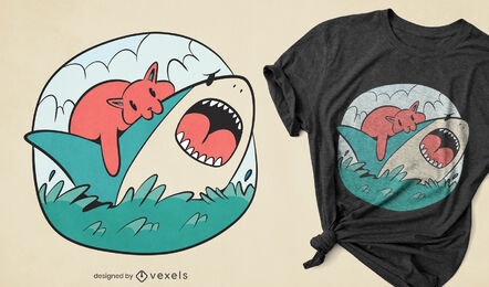 Diseño de camiseta de gatito y tiburón.
