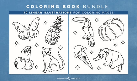 Páginas de diseño de libros para colorear de animales y alimentos