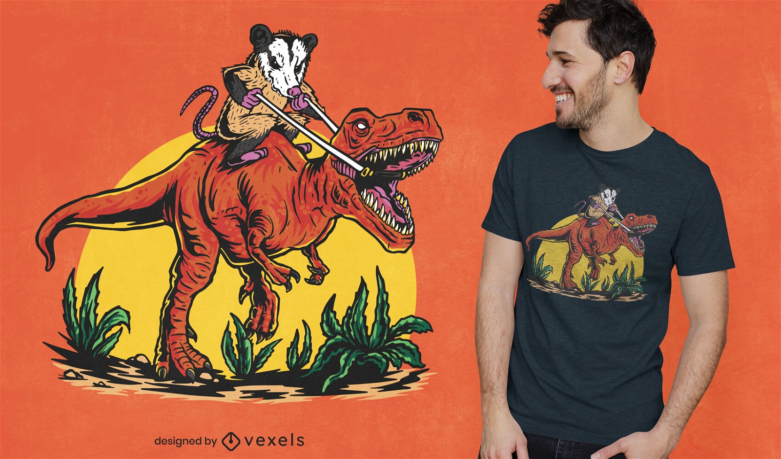 Opossum reitet T-Rex Dinosaurier T-Shirt Design