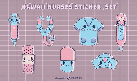 Conjunto de adesivos de enfermeiras kawaii