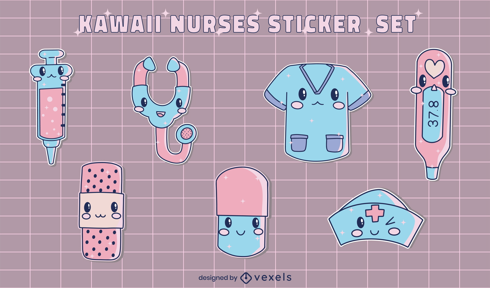 Conjunto de adesivos de enfermeiras kawaii