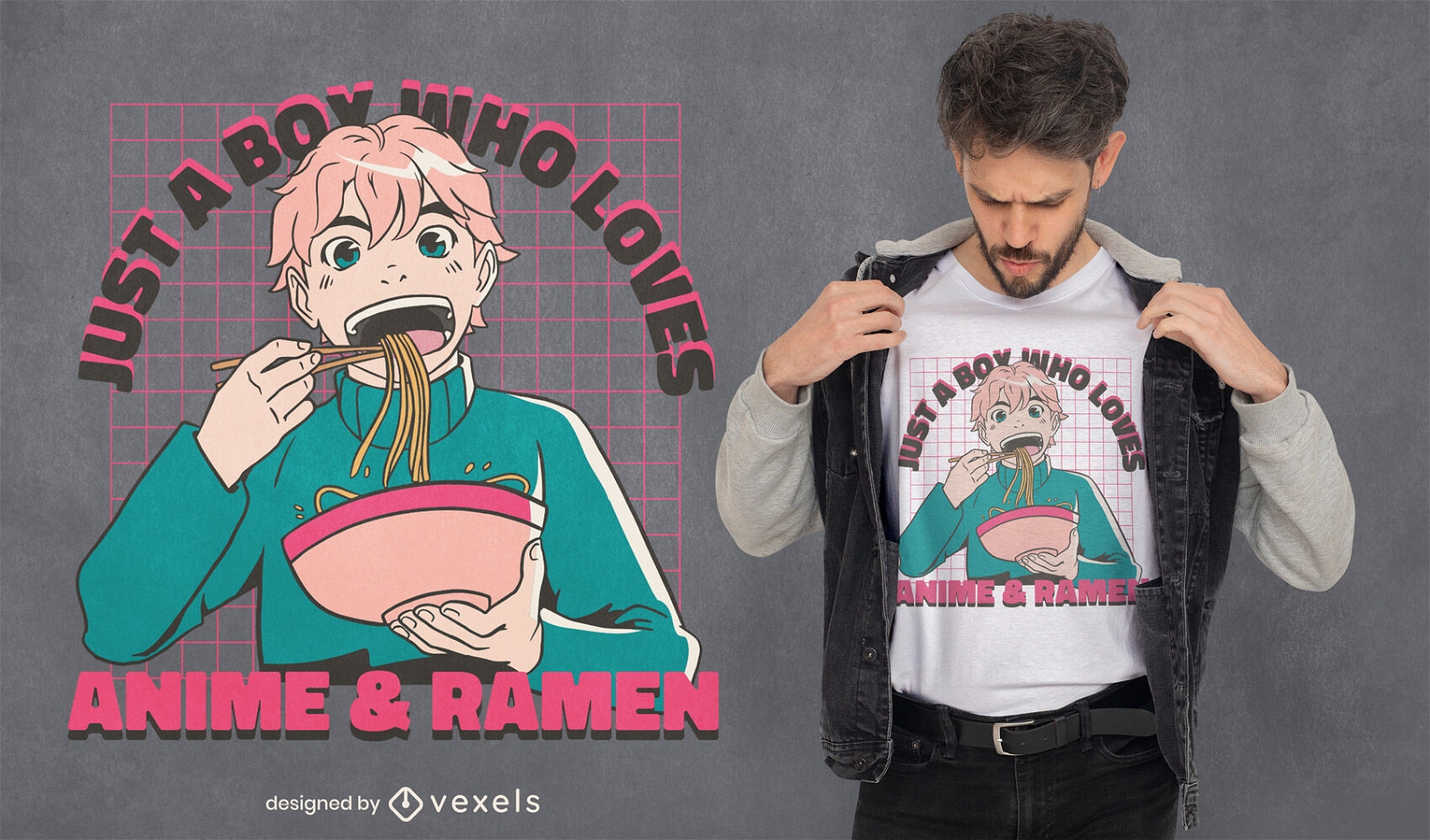 Anime menino comendo ramen com design de camiseta