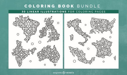 Mandalas de países para colorear páginas de diseño de libros
