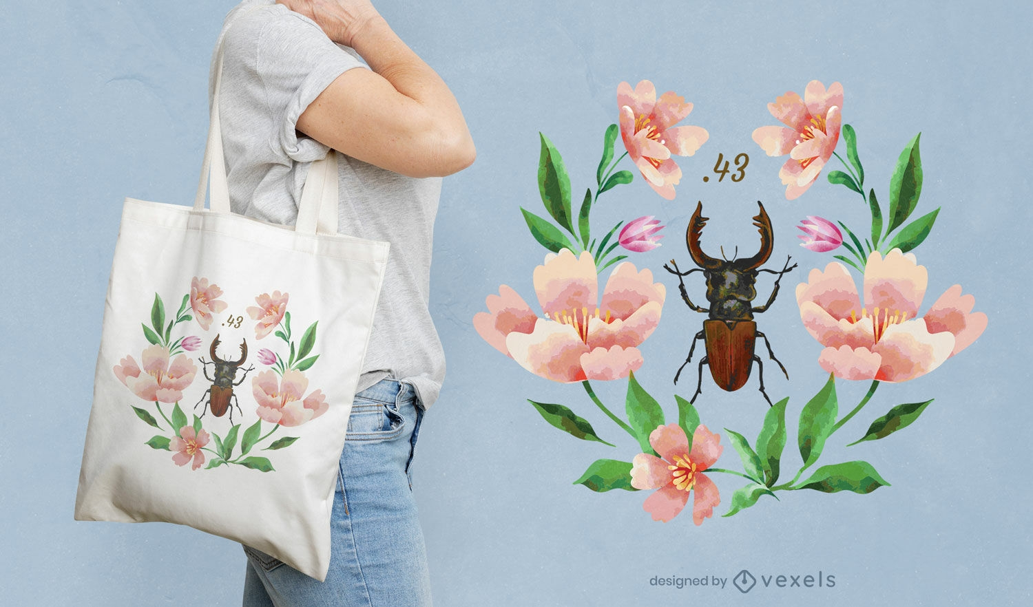 Desenho de sacola com flores de inseto e besouro