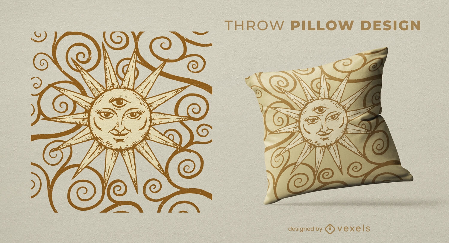 Vintage golden sun throw pillow design