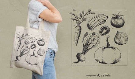Hand drawn vegetables tote bag design