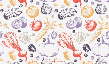 Patrón dibujado a mano de frutas y verduras