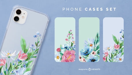 Set de caja de teléfono con flores de acuarela azul