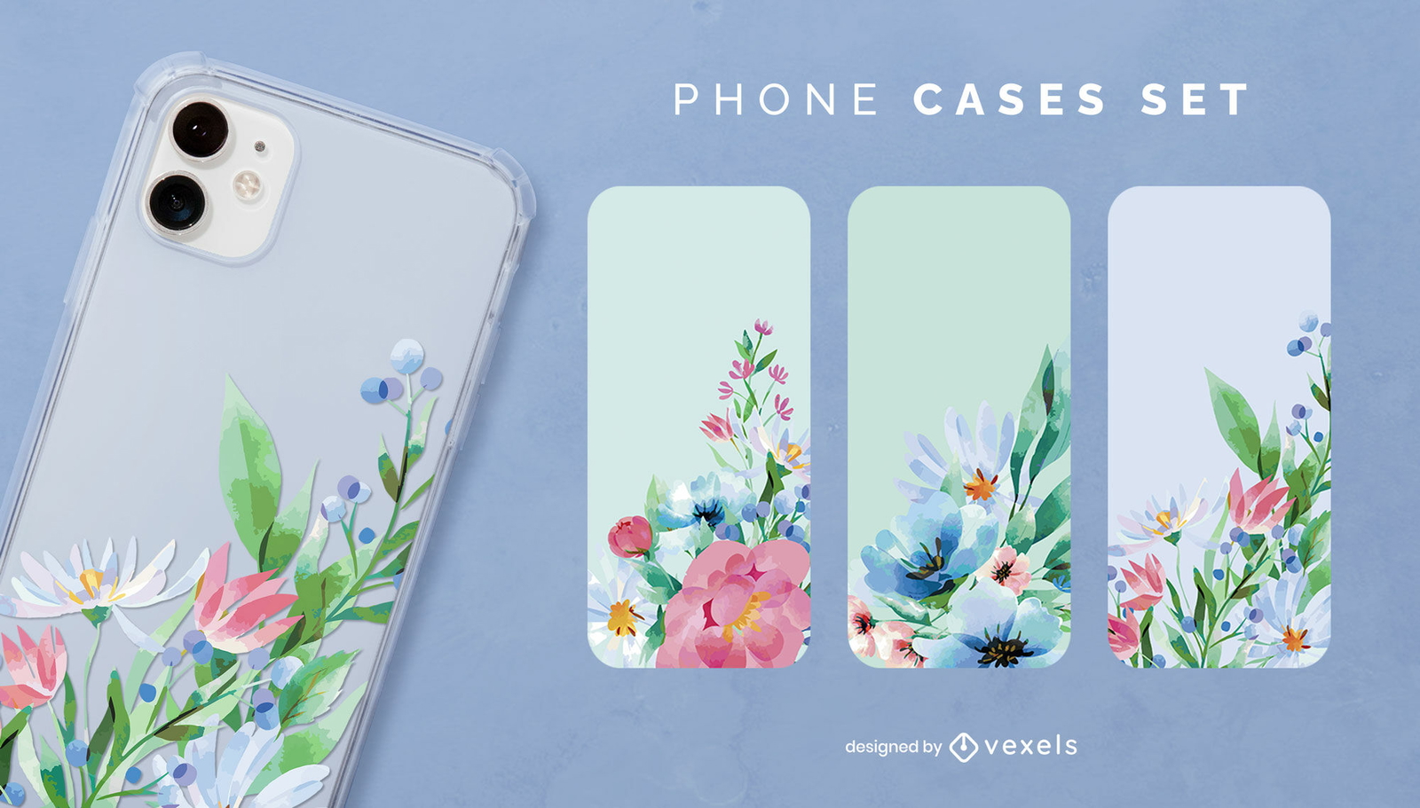 Set de caja de teléfono con flores de acuarela azul