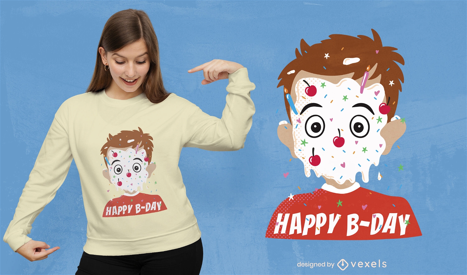 Design de t-shirt com rosto de bolo de aniversário