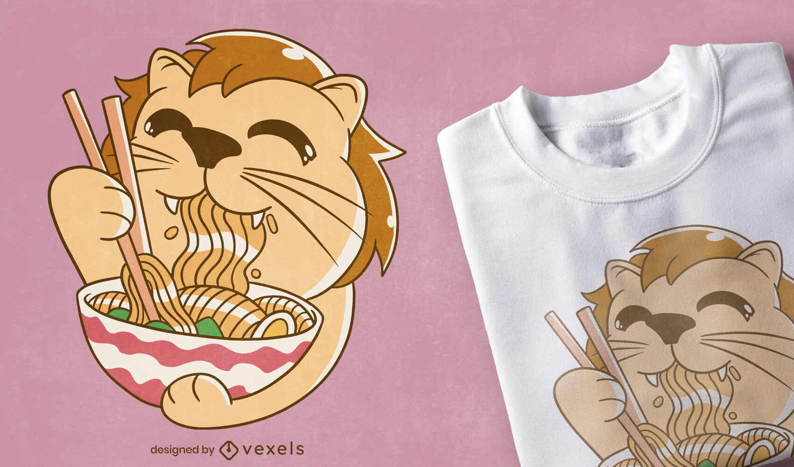 Dise?o de camiseta de le?n comiendo ramen