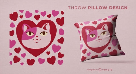 Cat love and hearts throw pillow design