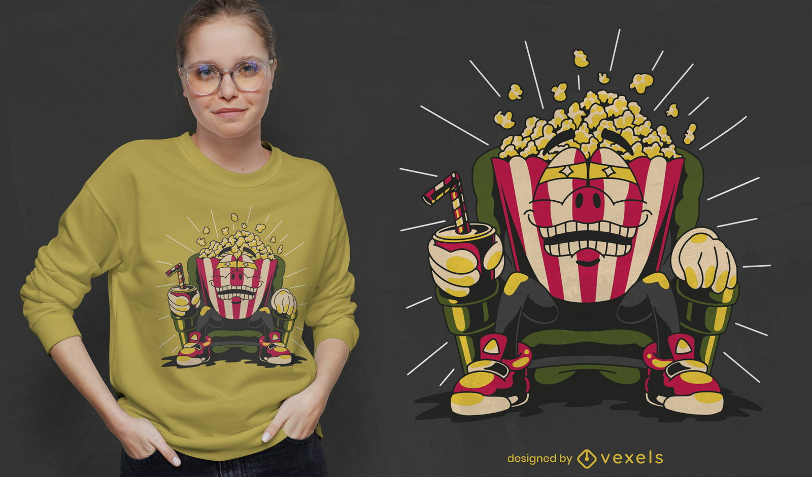 T-Shirt-Design mit Popcorn-Tasche zum Anschauen von Filmen