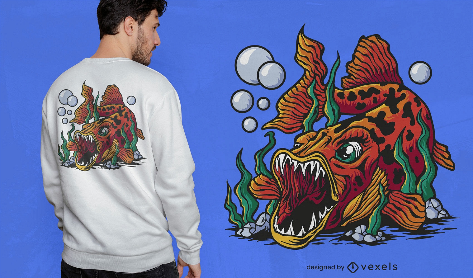Desenho de t-shirt de desenho animado de peixe com presas