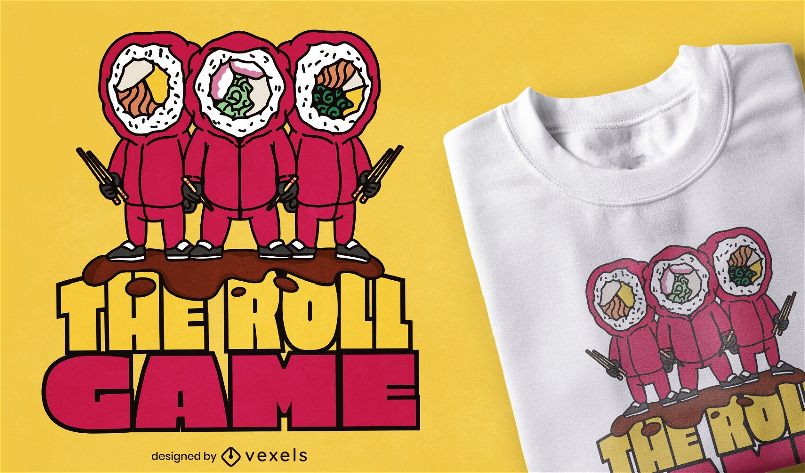 Diseño de camiseta de personajes de sushi roll.