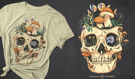 Crânio com design de cogumelos e t-shirt de flores