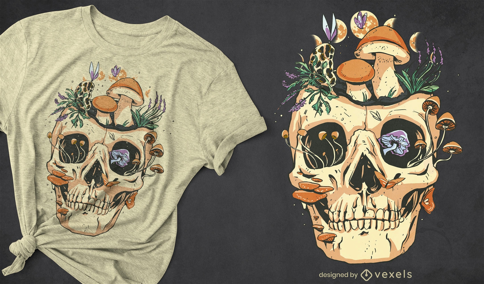 Skull with mushrooms and flowers t-shirt design