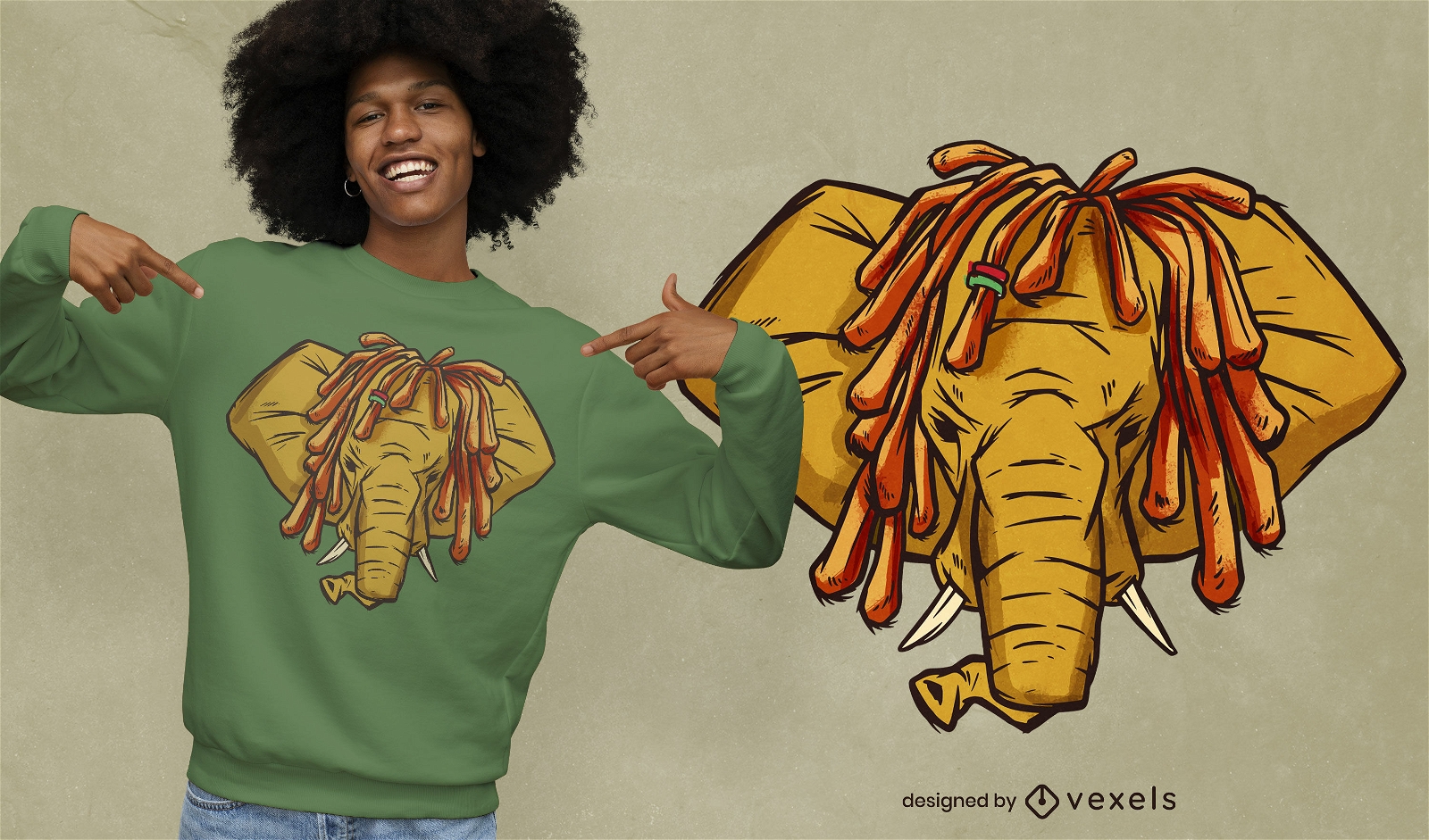 Animal elefante con diseño de camiseta de rastas.