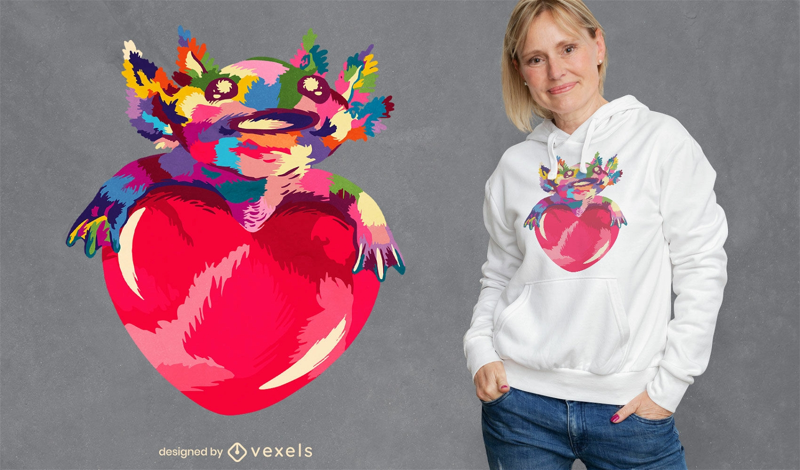 Design de t-shirt de animais e cora??o axolotl
