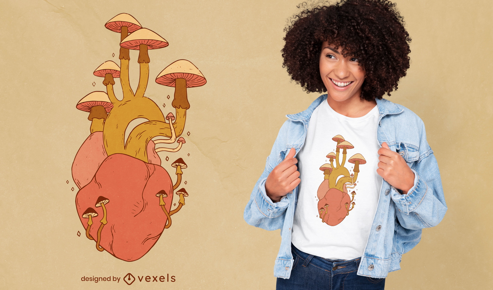 Diseño de camiseta de naturaleza de corazón de hongo.