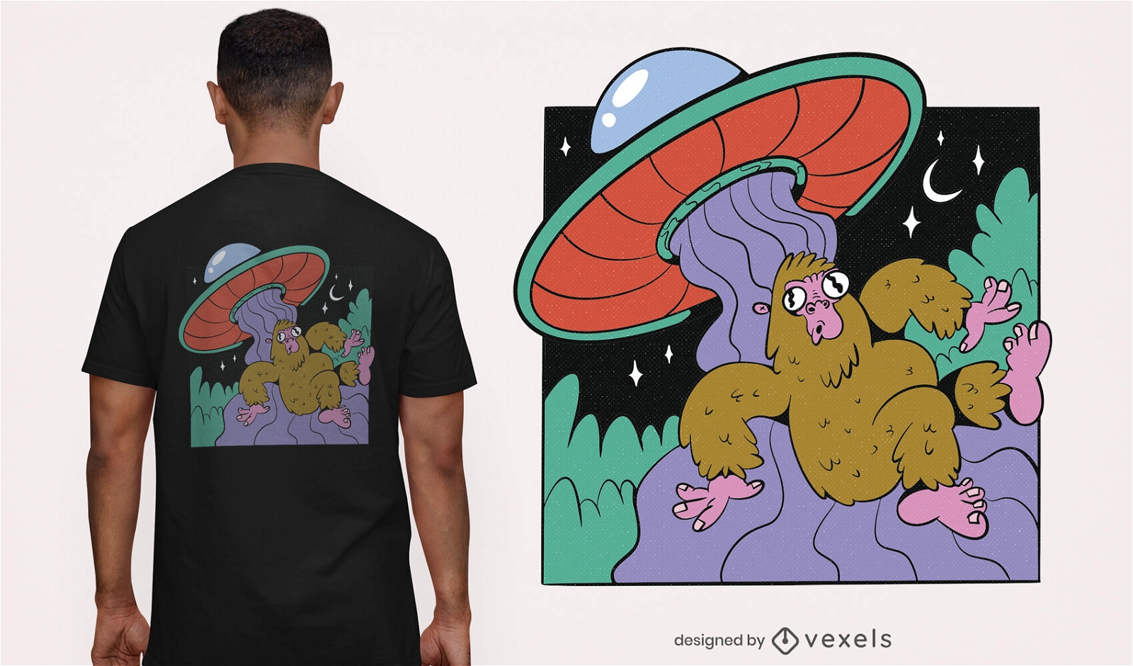 Bigfoot- und Ovni-Raumschiff-T-Shirt-Design