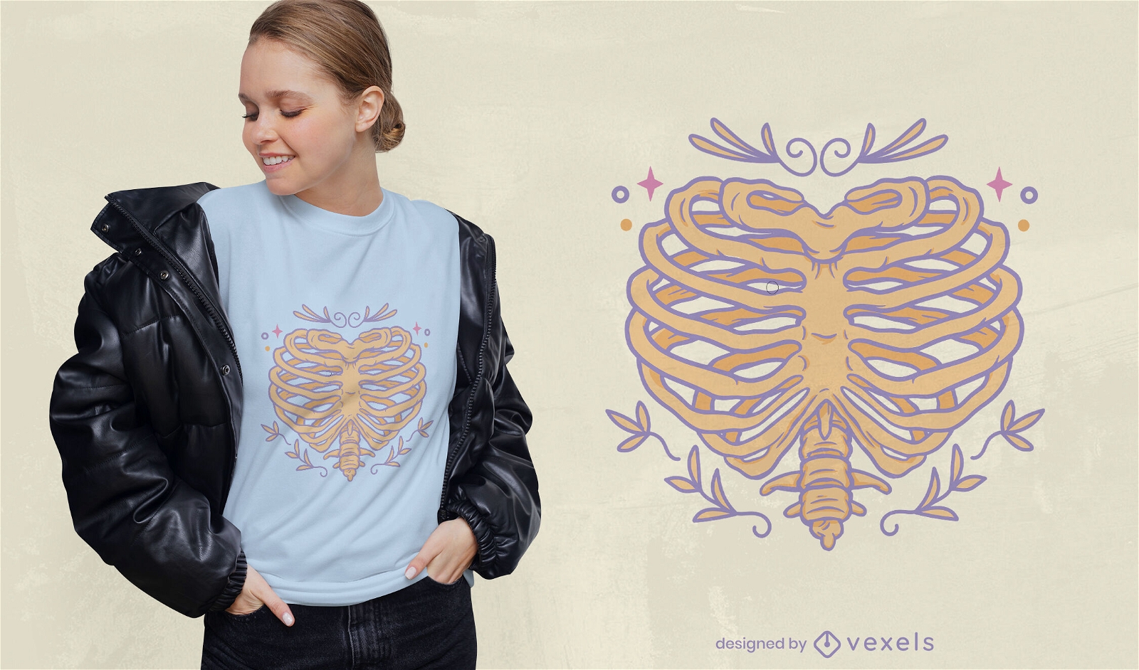Design de camiseta em forma de coração e caixa torácica humana