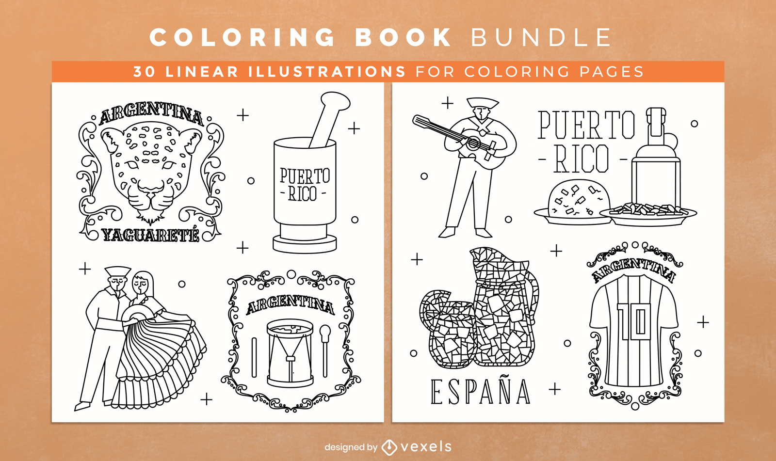 Destinos hispânicos Páginas de design de livros para colorir