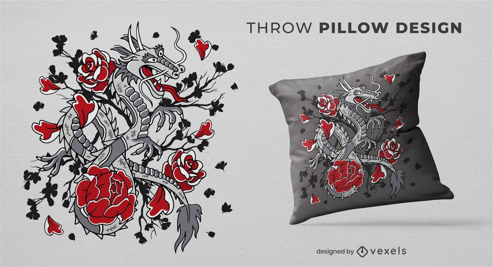 Dragon and roses throw pillow design