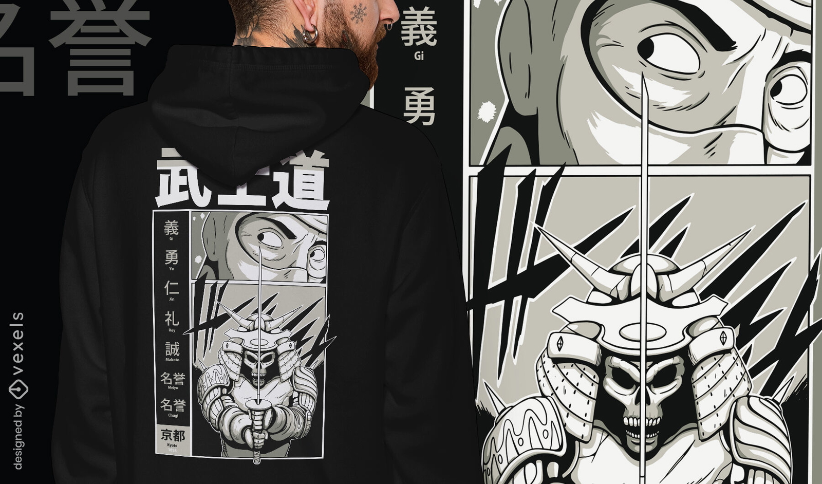 Diseño de camiseta samurai y hombre.