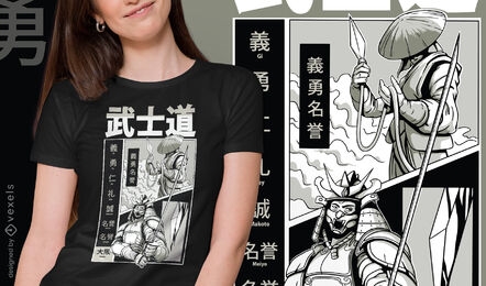 Diseño de camiseta de dos guerreros japoneses.