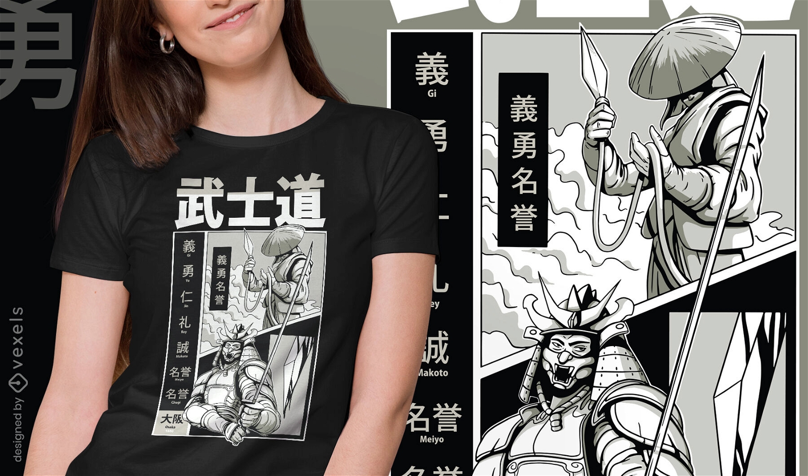 Design de camiseta de dois guerreiros japoneses